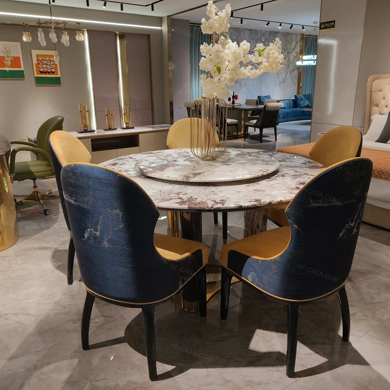 Artisan-Crafted Marble Round Dining Table with Natural Wood Veneer & Stainless Steel Base